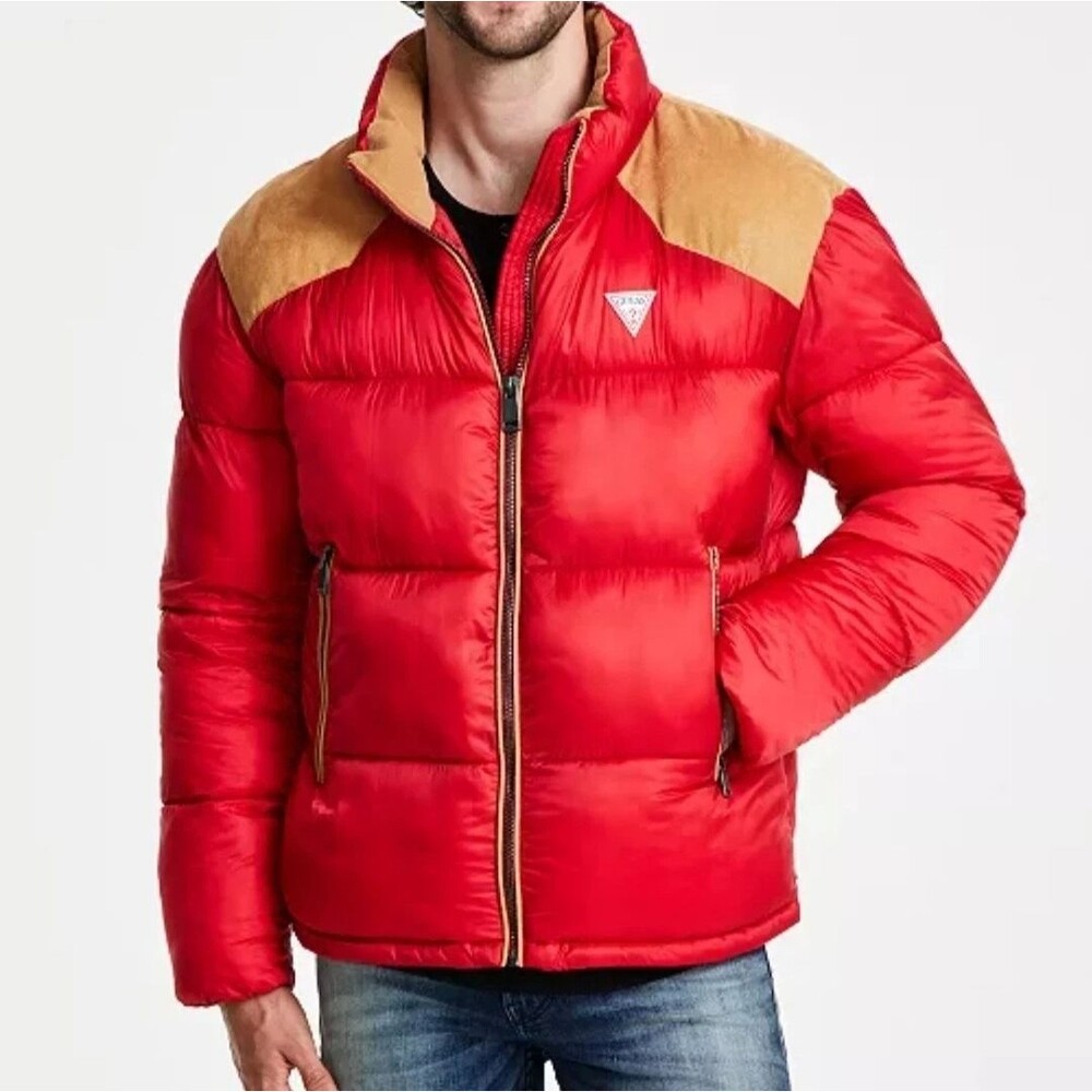 GUESS Puffer Jacket Mens XL Red Tan Colorblock Insulated Winter Coat $250